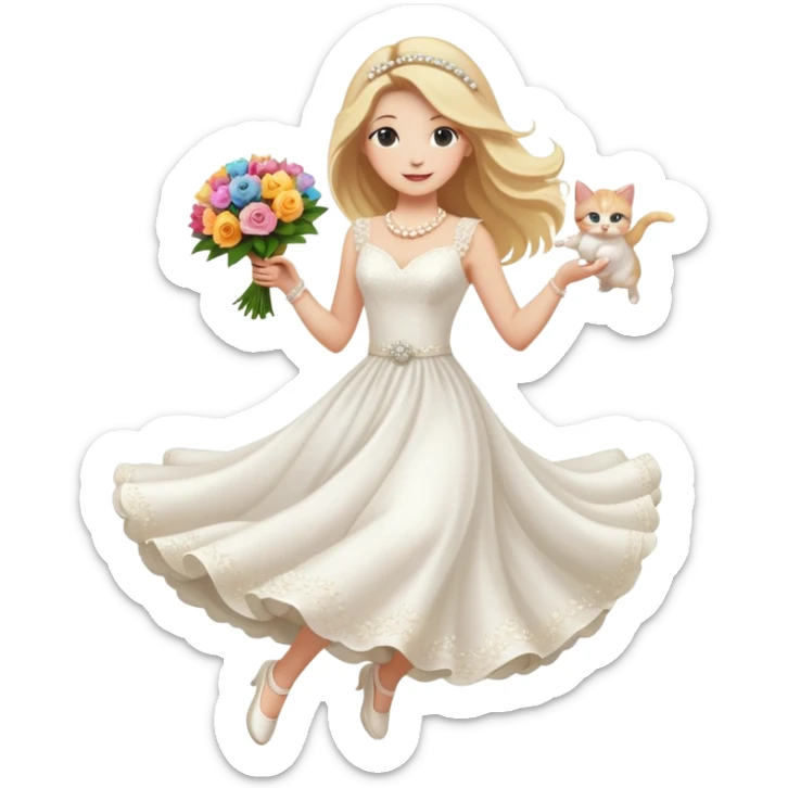 White woman - long hair - white wedding dress - holding a kitten - happy - jumping - fashionable - elegant - bouquet - dreamy - colorful - pearl accessories sticker