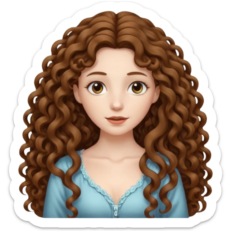 pale woman with brown curly very long hair, middle part. the hair is very very very very very very long, waist length, but you can't see her waist sticker
