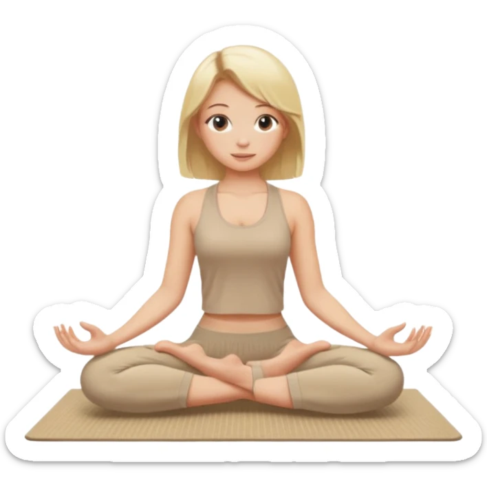 Blonde girl sitting on a beige rug doing yoga, beige clothes sticker