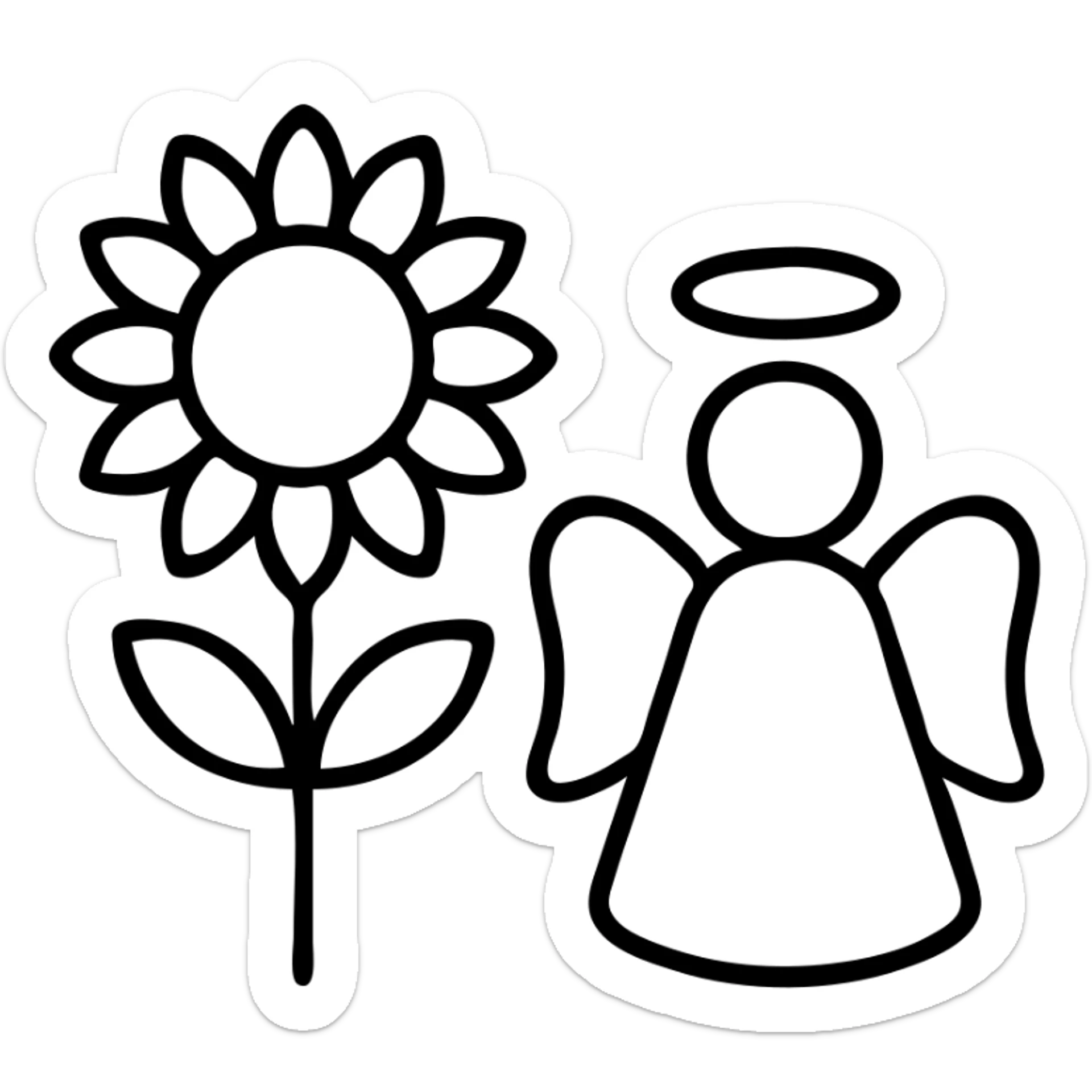 icon of a sunflower and an angel, geometric shapes, outlined style sticker