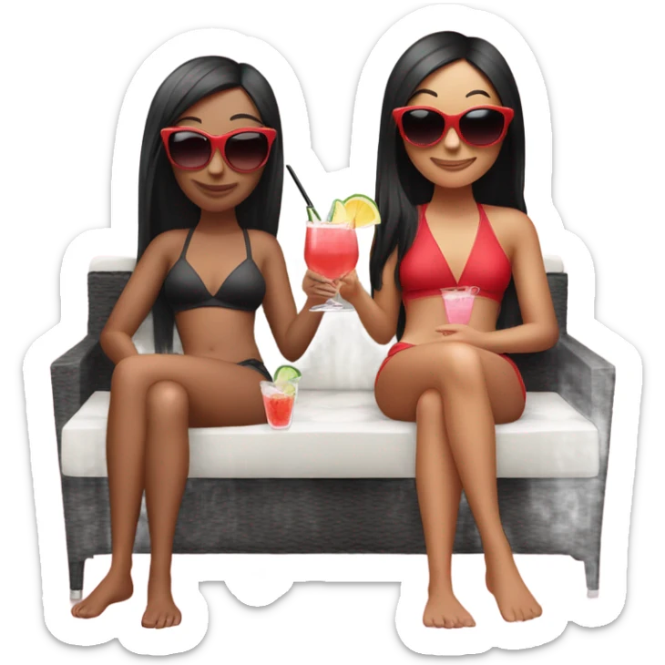 Two girls. One of them with long black hair, sunglasses on, red swimming suit, another one is short red hair, pink swimming suit, both drink cocktails and laying on the outdoor couch. Both a white skin sticker