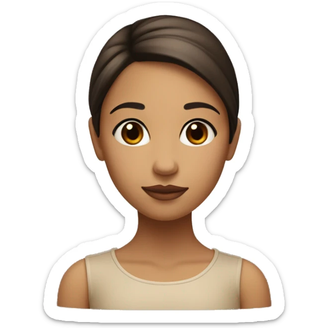 A girl with a round face, but beautiful. Straight hair slightly below the shoulders, parted to the right, brown in color. Big brown eyes, a small bump on her nose, large lips, and beautiful cheekbones, with black, not thin, eyebrows. sticker