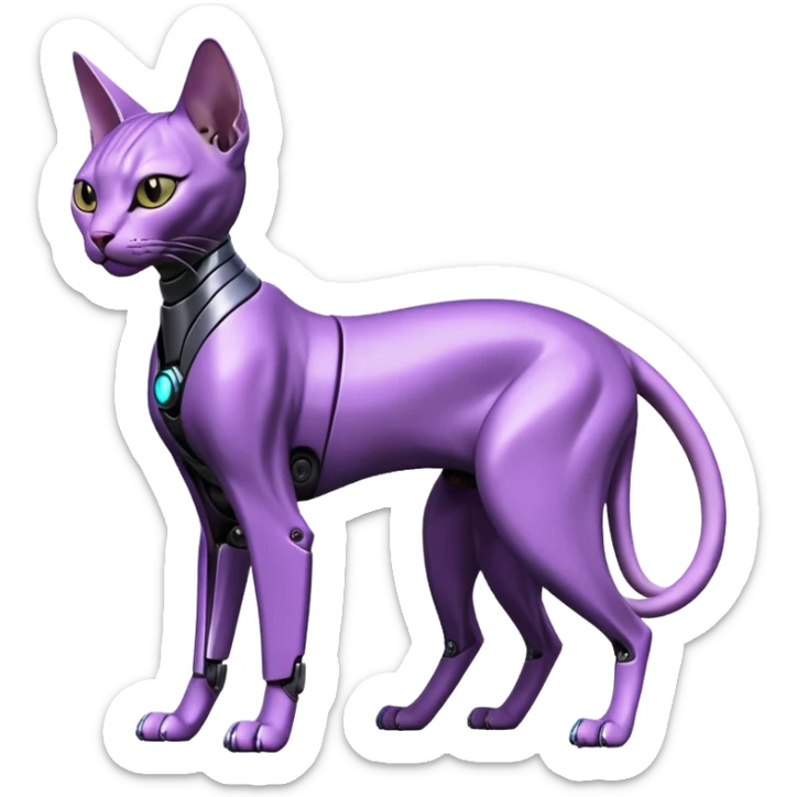 Black and purple futuristic shiny alloy modern realistic cool tough elegant sleek cyber-mecha-robo-sphynx-oriental--cat (full body) sticker