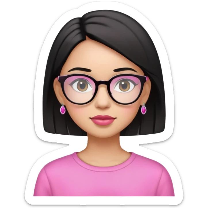 A beautiful girl wearing pink clothes, black straight short hair, earrings and glasses sticker