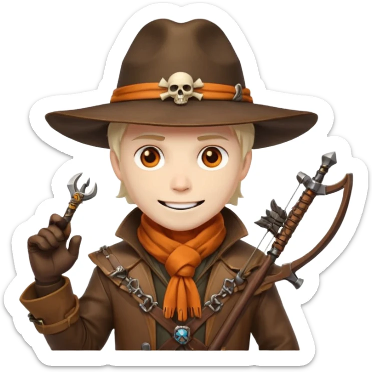 male human monster hunter emoji, wearing brown leather coat and wide hat, holding crossbow, with amulet shaped like skull, Halloween fantasy theme, confident smile, orange scarf, Apple emoji style, clean white background, square image sticker