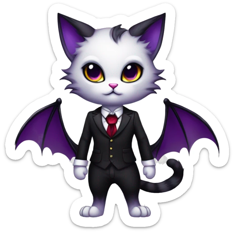 Cute-Edgy-Vampiric-Batty-Cat-Black-Purple-Red-Yellow-Contrast-Colors-Fantasy-Fur-Sona-Chibi-Shiny-Fakémon-Hybrid with horns and big fangs neck bow white tie leg spats full body sticker
