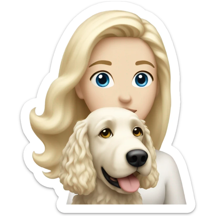 White lady with blonde hair and blue eyes and her white golden doodle dog sticker