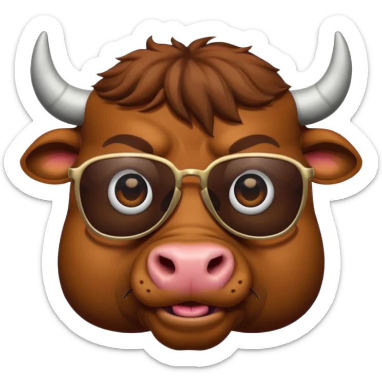 generate an emoji of a bull's face that's in a close up. the bull is travelling. maybe wearing sunglasses or drinking a drink or carrying a suitcase sticker