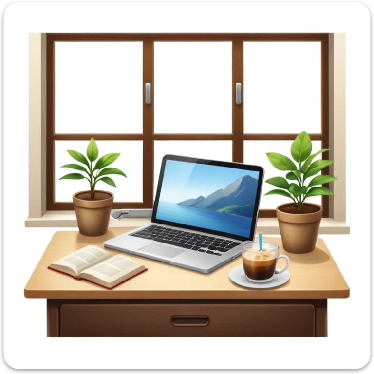 A desk by the window with summer sunshine in the background. On the desk, there is a laptop, a cup of iced coffee, and a small plant. An opened book is also present. sticker
