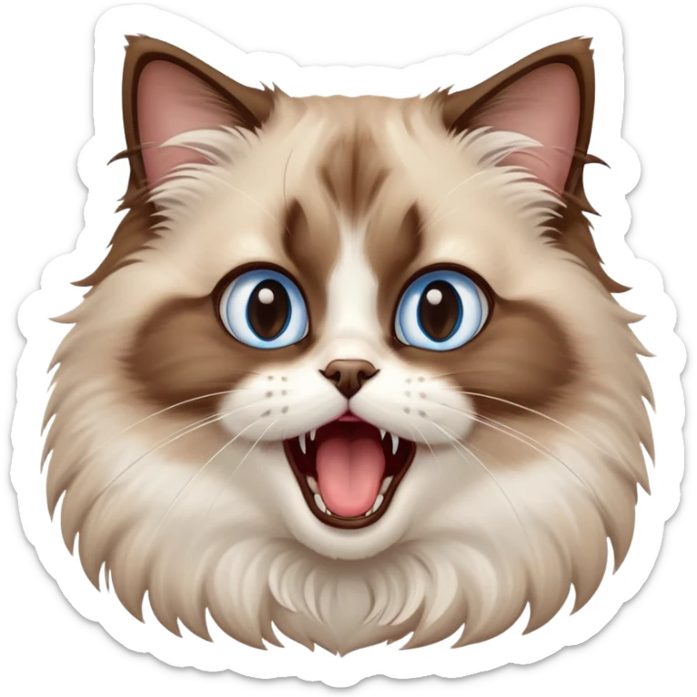 cinematic-adorable-big-eyed-fluffy-brown ragdoll-cat-portrait-emoji,-head-tilted-playfully-with-a-cute,-yawn,-white and brown fur,-simplified-yet-irresistibly-cute-features, blue eyes sticker