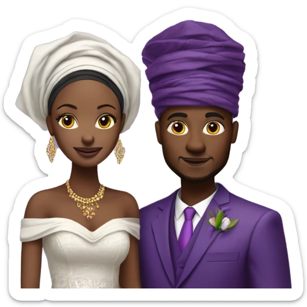 African bride and groom. Purple gele head wrap with purple off shoulder dress. Purple kente sticker