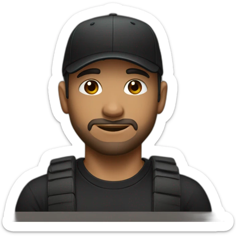 a guy with blue eyes, dark hair and bangs in backward black cap and in a black t-shirt sticker