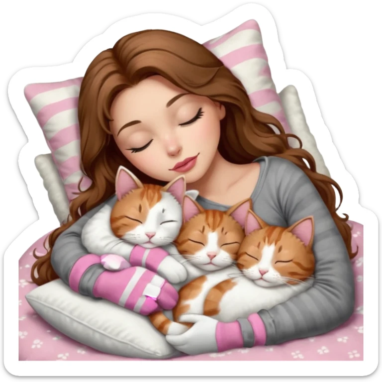 girl with long wavy brown hair, brown eyes, long lashes makeup, sexy pink lips, light to medium complexion,  sleeping on a cozy pillow, with 6 cats: 1 brown and white tabby cat, 1 ginger and white, 2 grey and white, 1 grey has white mittens and small white patch on its chest and 1 calico, sleeping sticker