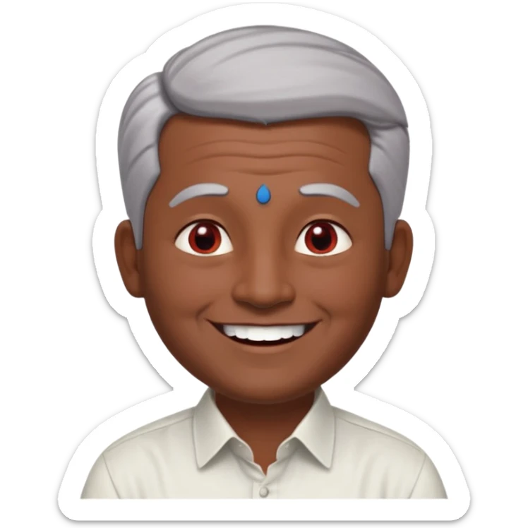 50 yr old indian man, dark skin, grey hair, big smile, white teeth, chubby, no moustache, clean shaven, young style hair, hair brushed back, 5 oclock shadow, bindy, dress shirt, forehead dot, chubby, religious, red dot, fancy hair, red dot sticker