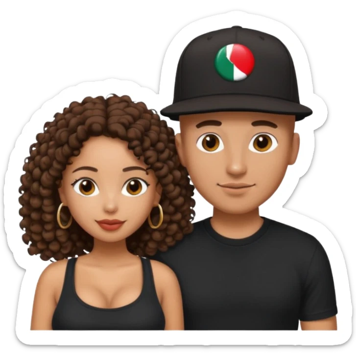 A picture of a loving tanned couple. the guy is Mexican, with a bald hair cut and he has a SnapBack hat on. The girl is mixed, the girl is wearing a black shirt, the girl has brown curly big hair and the girl has big boobs  sticker