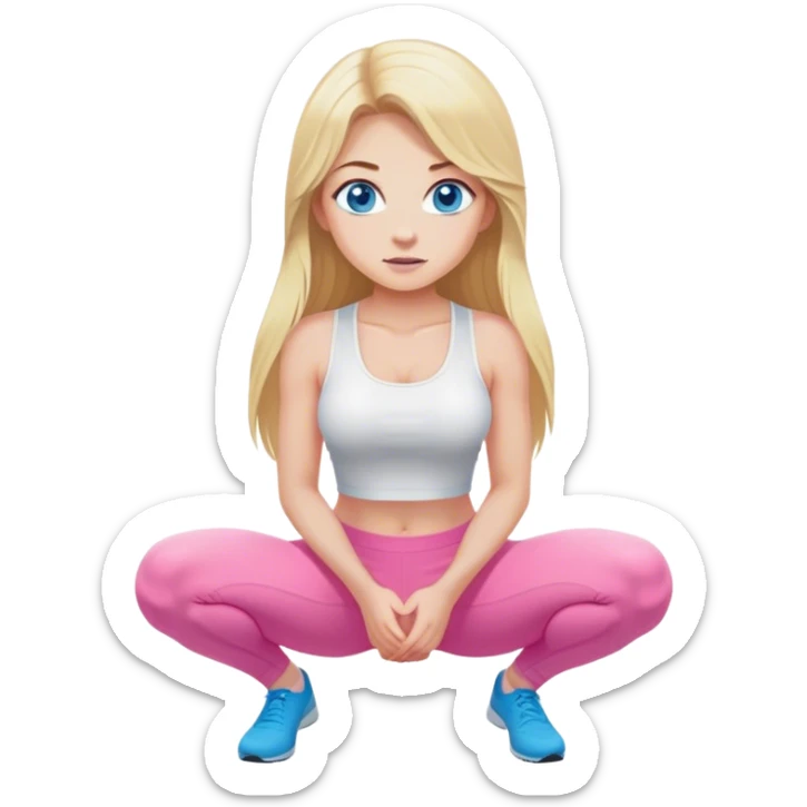 Cinematic realistic blonde with long hair and blue eyes, dressed in a white top and pink leggings, squats sticker