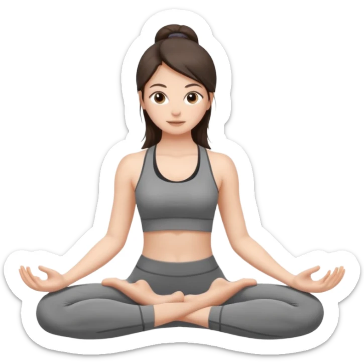 a brunette girl doing yoga, she is wearing a grey fit and she has dark straight and loose hair.  sticker