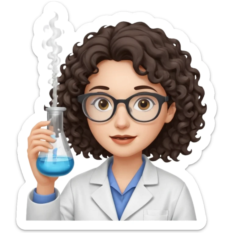 A crazy female scientist, with curly dark brown hair, brown eyes and grey glasses and pale skin  sticker