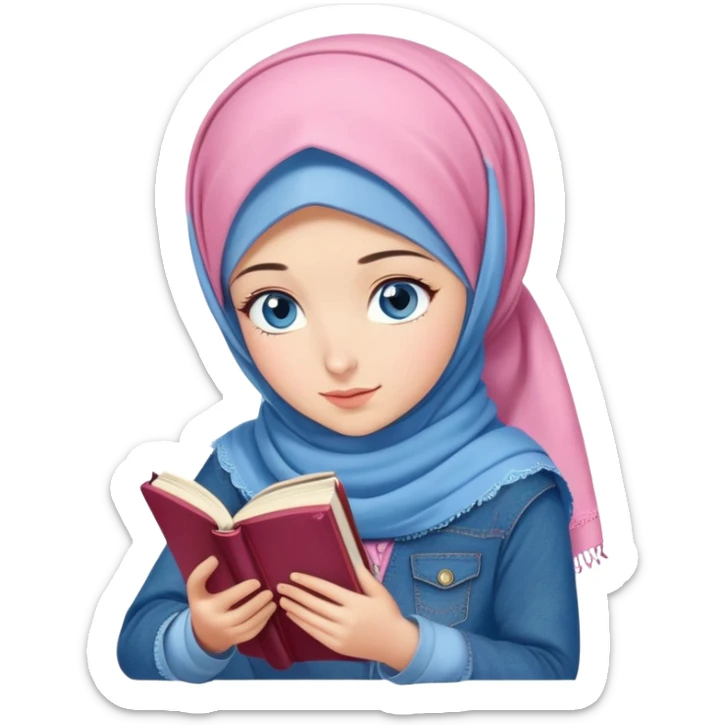 Turkish beautiful finish Konya girl blue eyes with denim and pink hijab islamic dress and reading cozy sticker