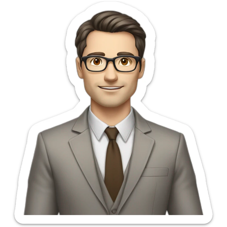 Pale skinned fit man with dark brown hair in gray jacket, beige office shirt, brown tie, brown pants and vintage glasses Writing on the marker board sticker