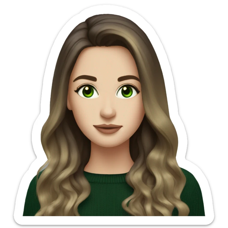 Brunette balayage long hair white woman green eyes black sweater sticker