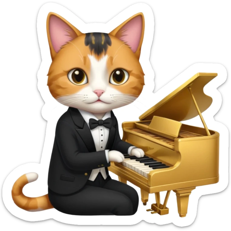 calico cat play gold piano, wear black suit, portrait sticker