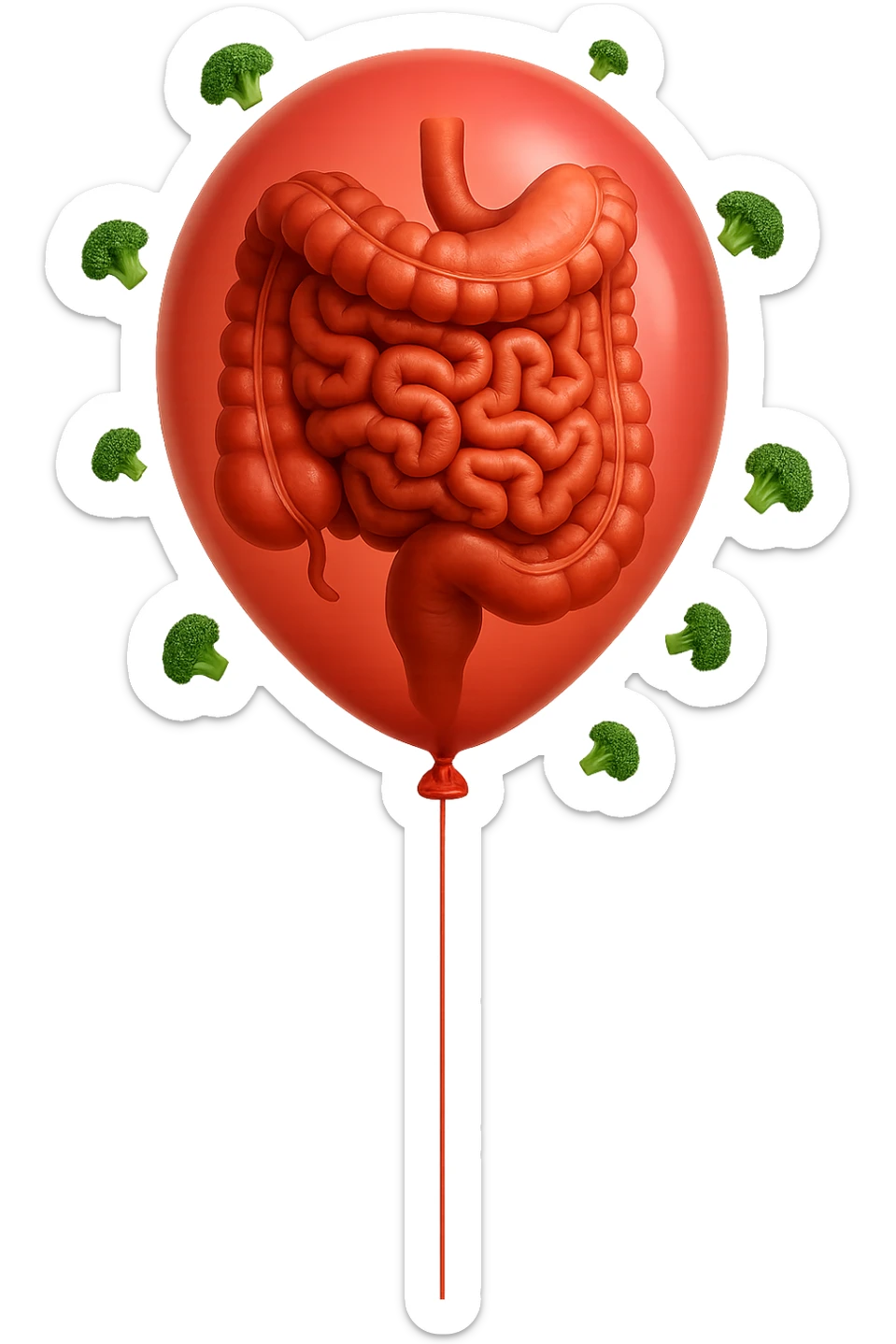 palloncino con intestino umano anatomico all'interno, attorno al quale fluttuano dei broccoletti, iperrealistico 4k sticker