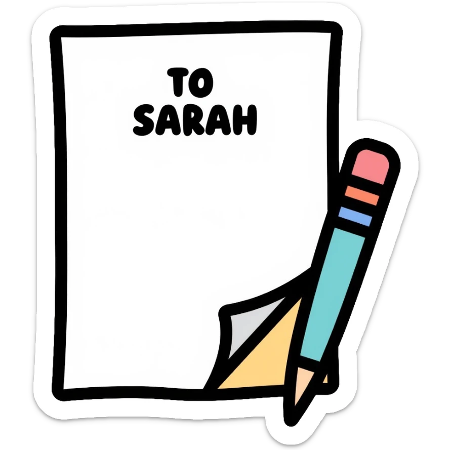a paper letter with "TO SARAH" text written at the top of the letter, with a pen lying next to it sticker