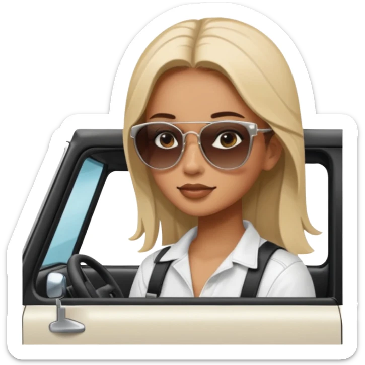 make the jeep white color, show a 45 degree angle and the girl giving a side look sticker