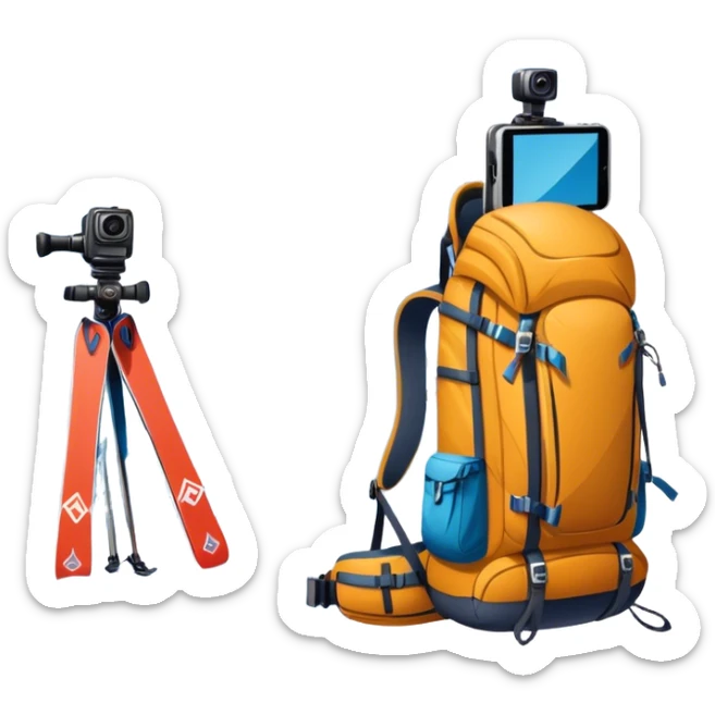 Icon for Mountain Tourism: a snow-covered peak in the distance, with skis, a snowboard, climbing gear, a backpack, and a camera. The icon should represent the adventure and exploration of mountain landscapes. Transparent background. sticker
