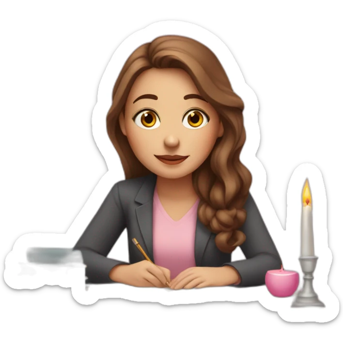 white girl with brown hair lights pink candles and studies at her desk sticker