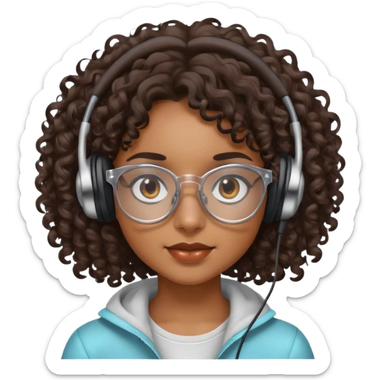 Chica morena con cabello crespo, con lentes transparentes y que tenga los ojos cafés oscuro. Y con unos audífonos en las manos. sticker