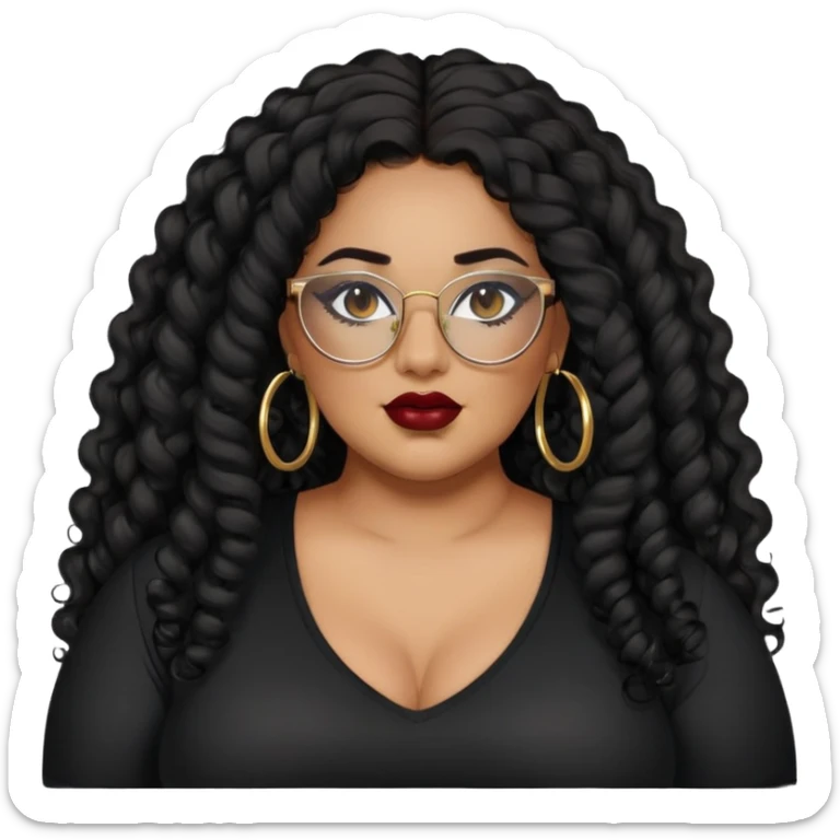 big plus size, latina, darker tan skin, gold hoops, long black curly hair, baddie,pretty, makeup, dark red lipgloss, black eyeliner, long hair, black shirt, black glasses sticker