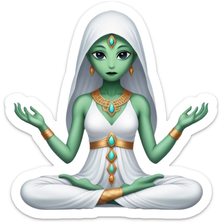 a Reptilian alien woman,in meditation, white dress like a priestess sticker