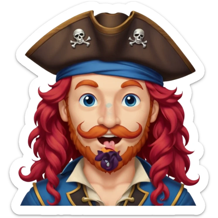 pirate with long curly red hair, blue eyes, strong nose and a chin dimple winking and licking his mouth seductively, no facial hair sticker