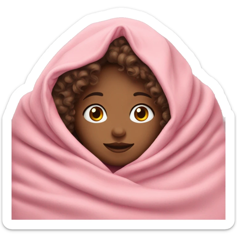 girl with curly hair and fair skin cozied in a pink blanket sticker
