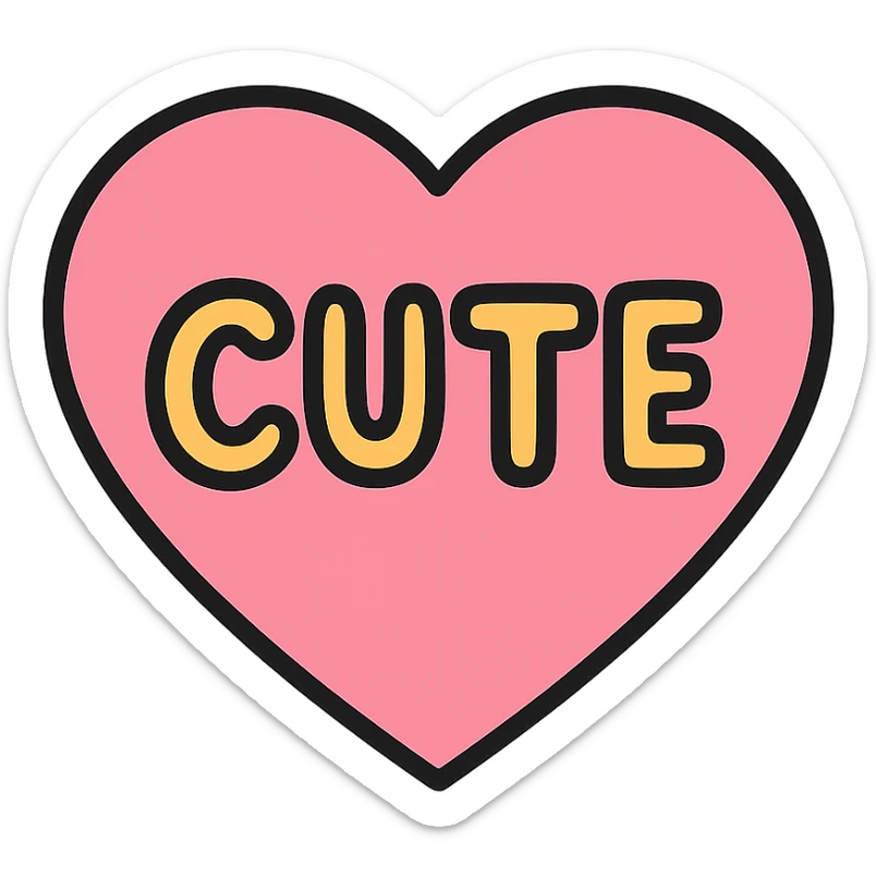 pink heart with the word CUTE in playful font, color outline icon style sticker