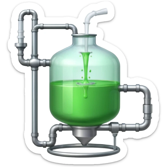 industrial chemical tank, filled with green liquid, with a stirrer, inlet and outlet pipes sticker