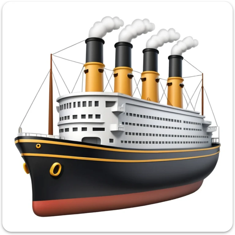 3D Apple-style emoji of the Titanic ship with simplified shapes, cartoon-like look, glossy finish, soft shadows, white background, featuring four smokestacks, black hull, and white upper decks, recognizable key features sticker