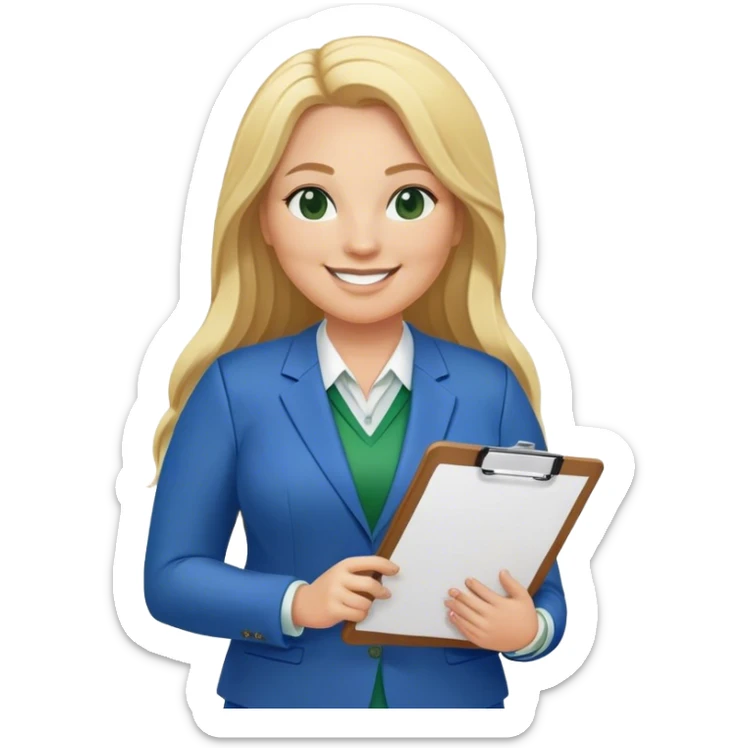 Full Body white plus size female basketball head coach with long blonde hair in a blue and green suit smiling holding clipboard sticker