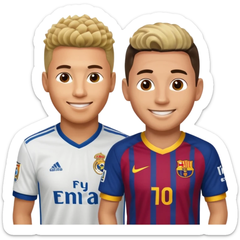 Prime noodle hair ronaldo and prime 2012 messi Smiling in one Photo and make it realistic Ronaldo wearing Number 7 With Madrid and Messi wearing number 10 with barca  sticker