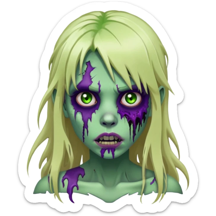 undead zombie girl with rotting green skin, purple bruises, messy long blonde hair with bangs, cracked lips sticker