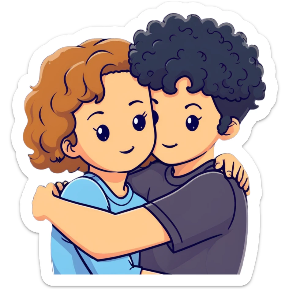 girl with long light brown hair and pale skin hugging a boy with short black curly hair and tanned skin sticker
