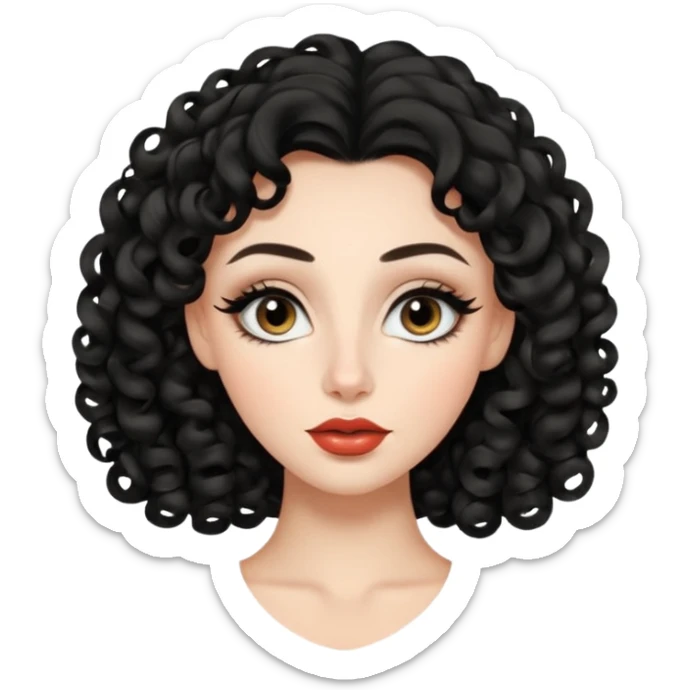 persona mujer con piel clara y rizos suaves color negro y largos  y sin volumen y con delineador en los ojos y con los labios medianos, ojos almendrados y nariz respringada sticker