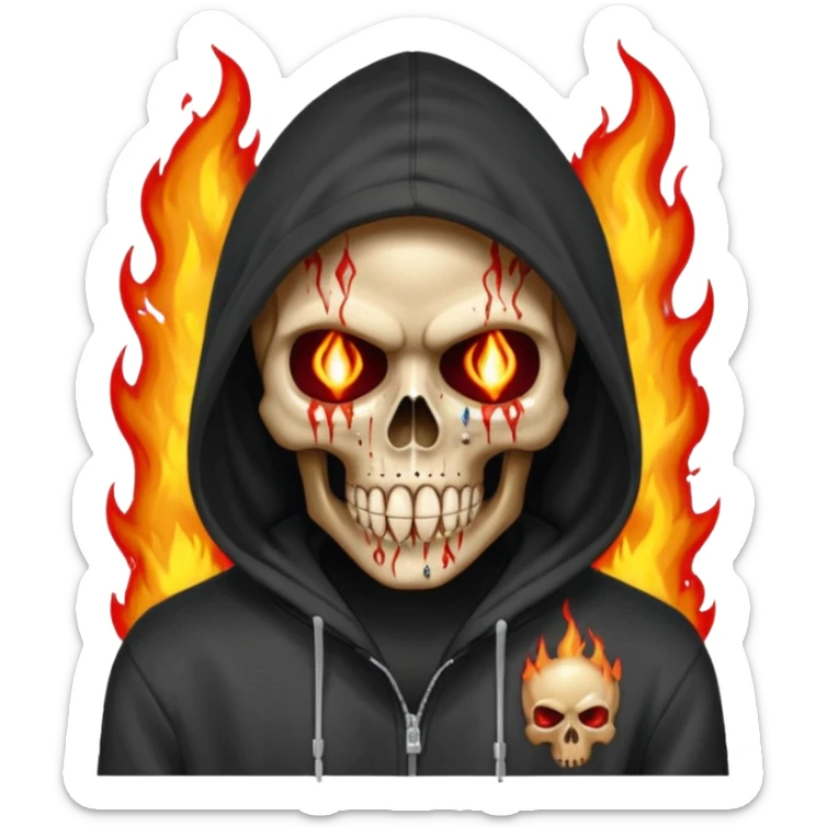 Bro I wanna skull with hoodie on the hoodie has to be on fire and I want matrix blood with the codes and weird numbers spilling out eyes and mouth almost give him a diamond grill in his mouth make it shinny where is the matrix symbols  sticker