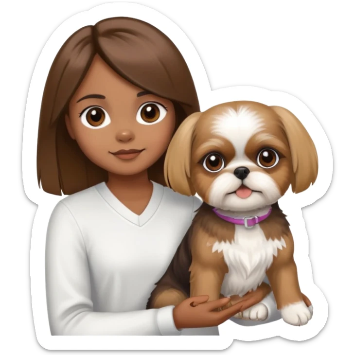 A girl with brown hair and brown eyes with straight hair holding a cute brown and a little blonde shih tzu  sticker