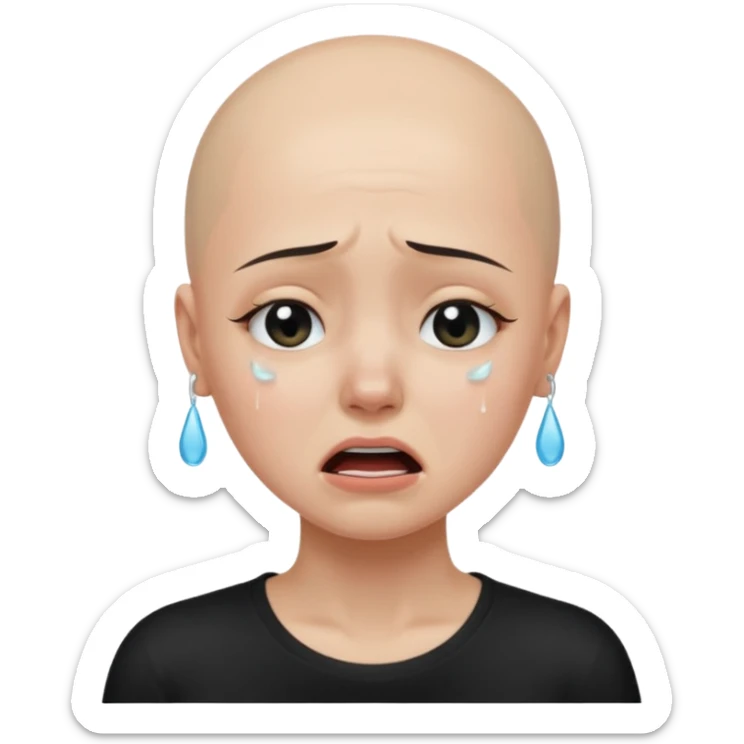 a pretty bratz fair bald girl with no hair crying wearing a tight black tee sticker
