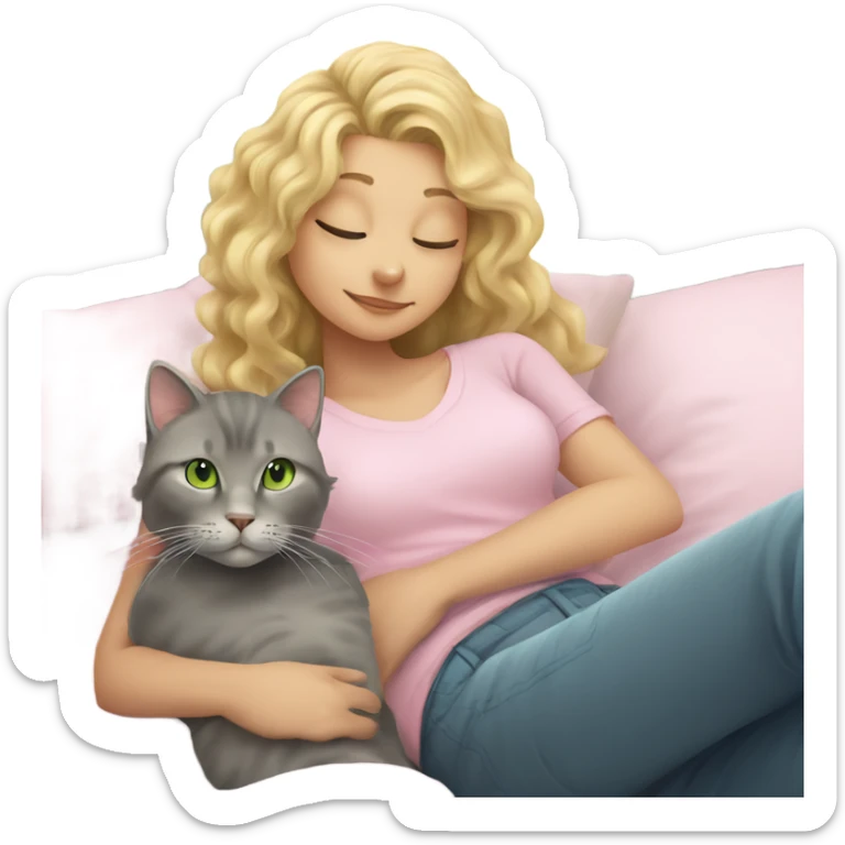 Grey cat with a blonde girl with curly hair and green eyes in light pink shirt relaxing on a bed sticker