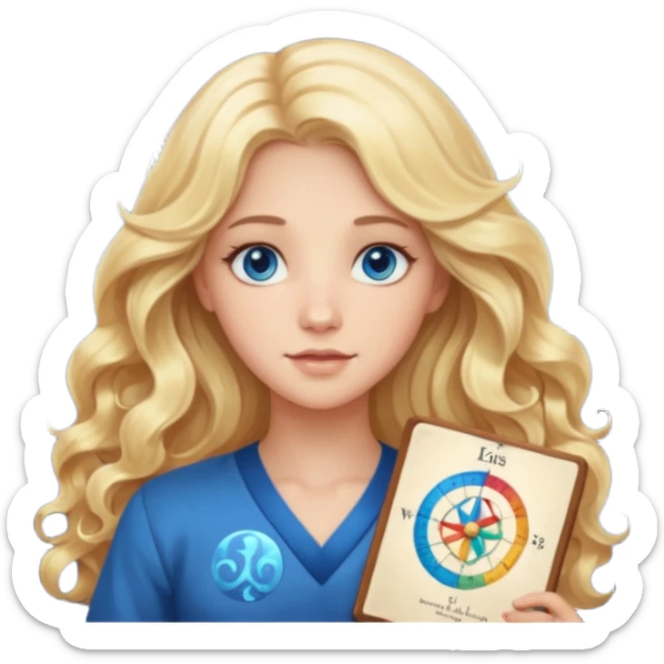 A long wavy haired blonde girl with blue eyes holding a astrology natal chart. sticker