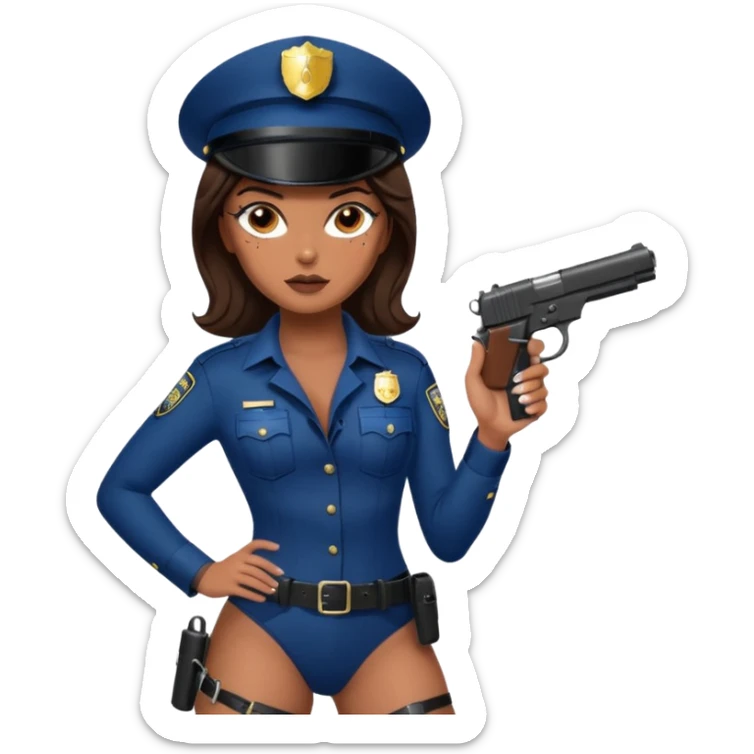 A sexy girl. with caramel skin. Dark brown hair and brown eyes. She has freckles. Wearing sexy makeup. Dressed as a sexy cop. wearing lingerie. Wearing heels. Holding a gun sticker